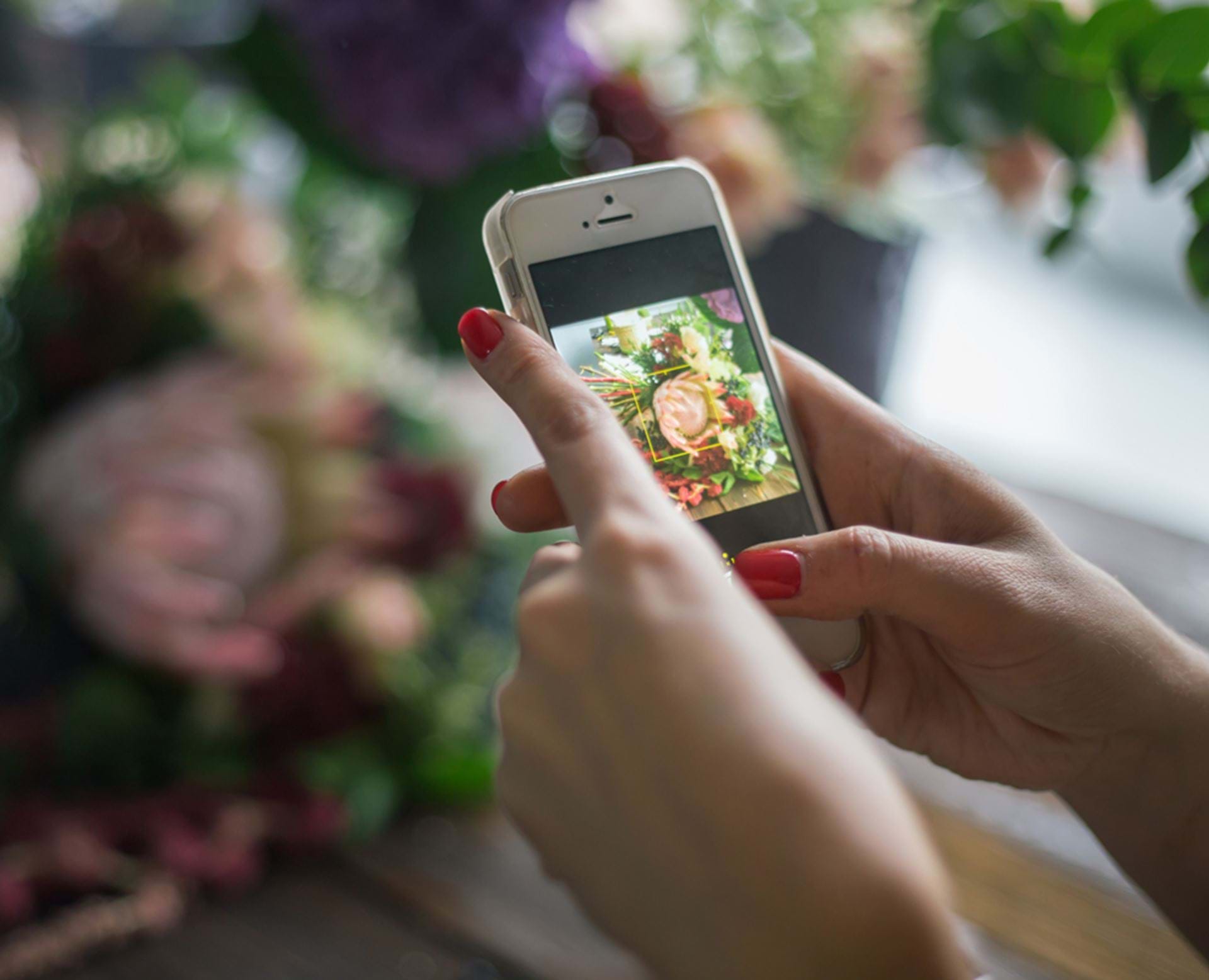 Hænder der holder mobiltelefon og tager billede af blomster